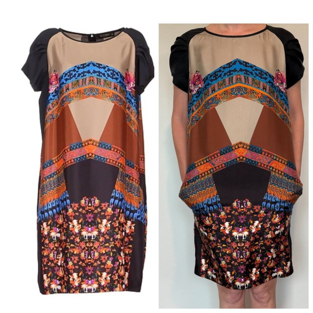 Etro Silk Shift Dress Multicolor Geometric Floral Sheath Italian 48 M